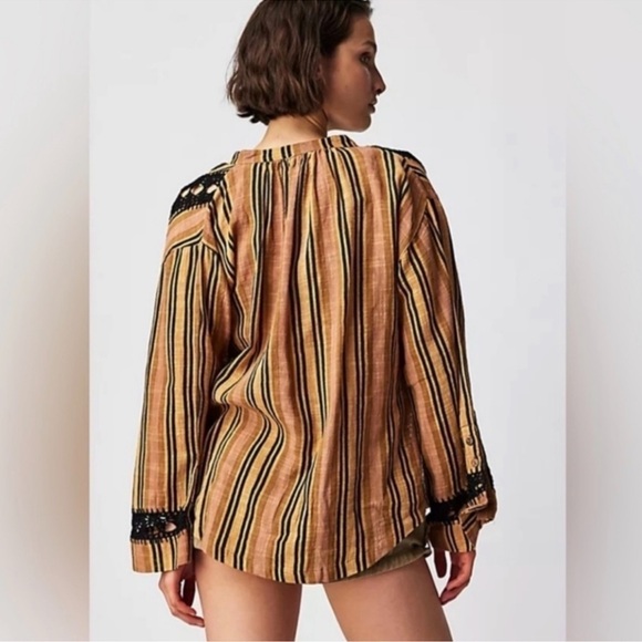 Free People Castaway Striped Button Front Long Sleeve Crochet Trim Boho Top Sz M - Picture 2 of 15